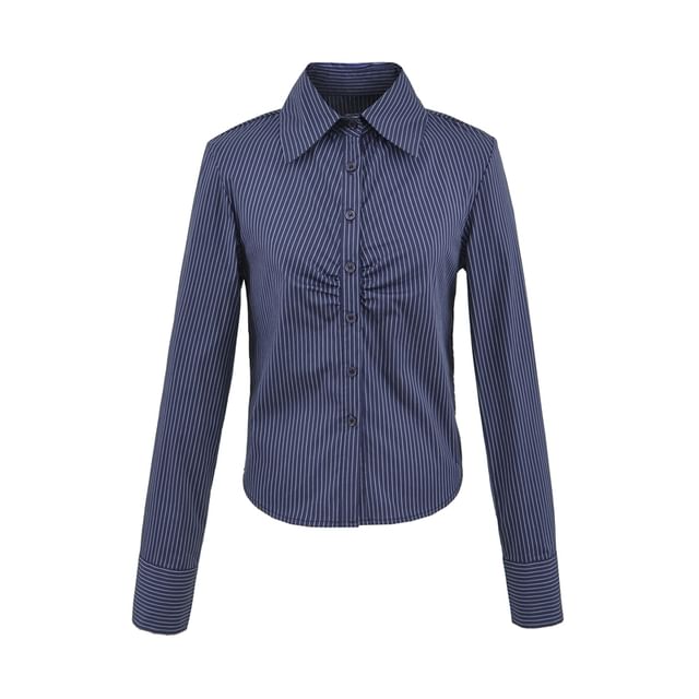 Collared Long-Sleeved Striped Ruched Blouse