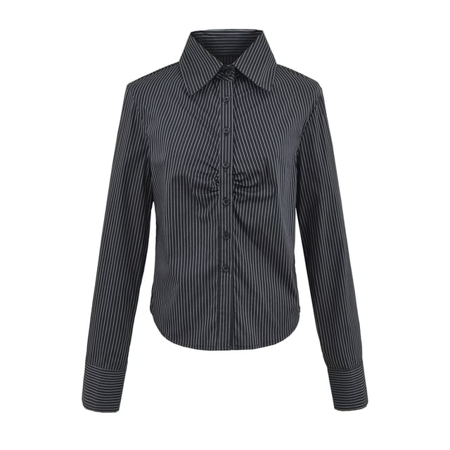 Collared Long-Sleeved Striped Ruched Blouse