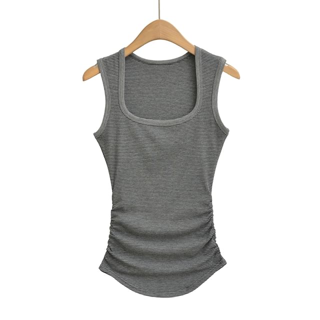 Striped Square-Neck Ruched Tank Top