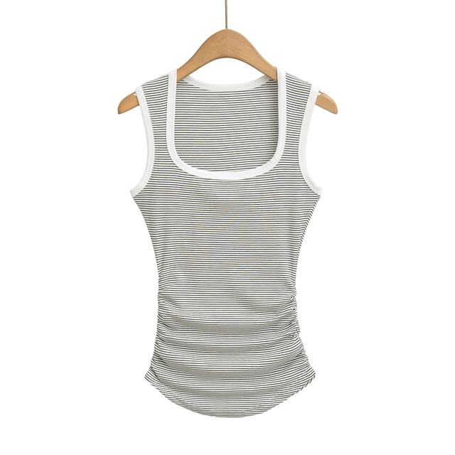 Striped Square-Neck Ruched Tank Top