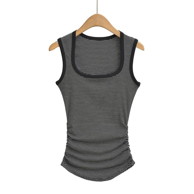 Striped Square-Neck Ruched Tank Top