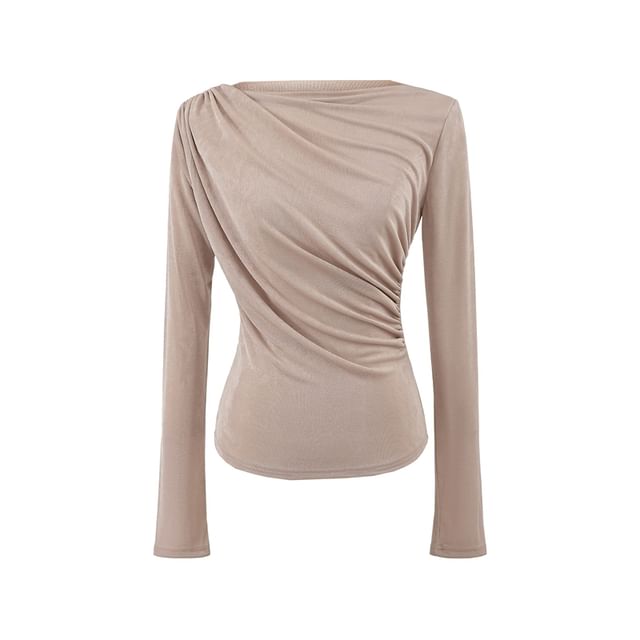 Boat-Neck Long-Sleeved Ruched Plain Top