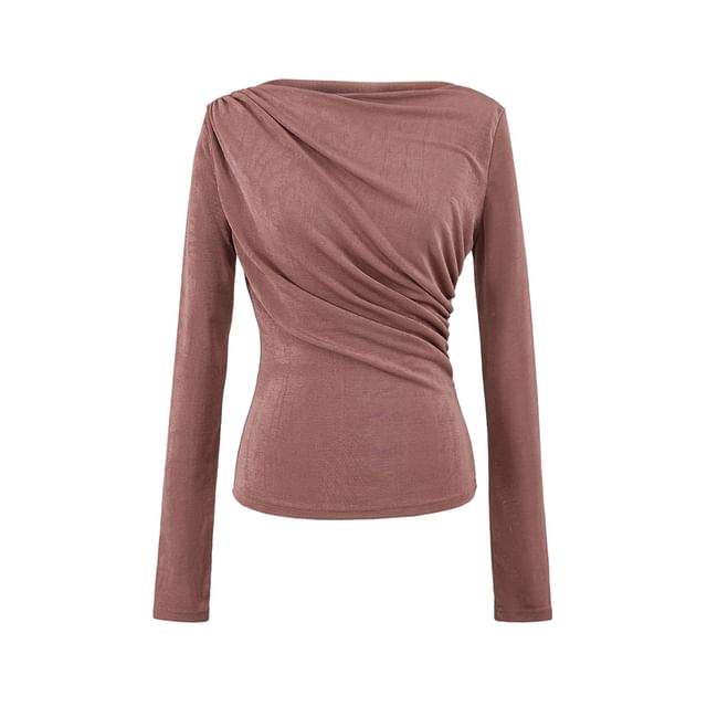 Boat-Neck Long-Sleeved Ruched Plain Top