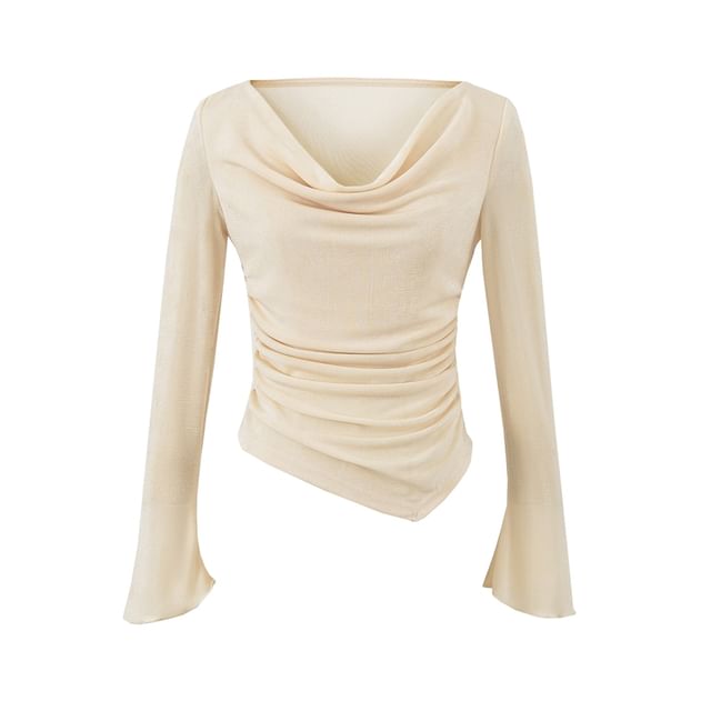 Cowl-Neck Long-Sleeved Asymmetric Ruched Plain Top