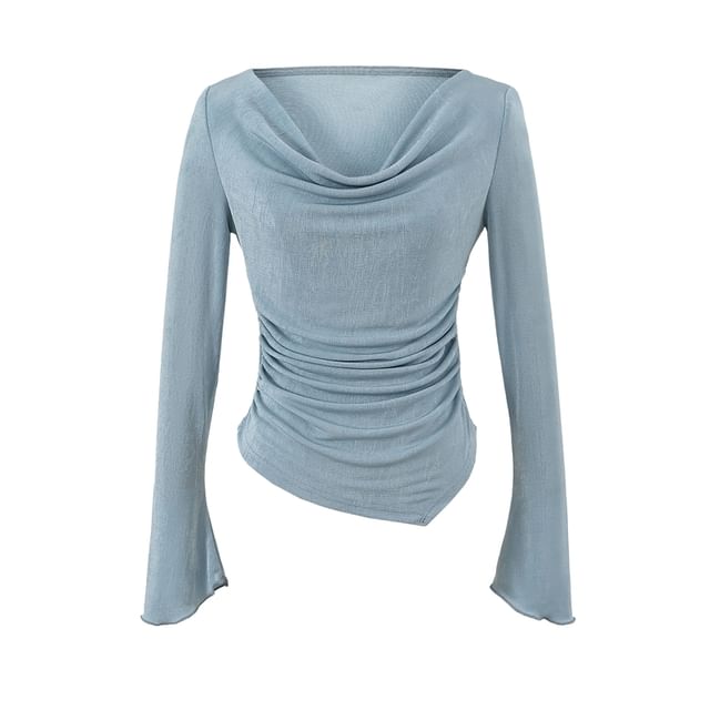 Cowl-Neck Long-Sleeved Asymmetric Ruched Plain Top