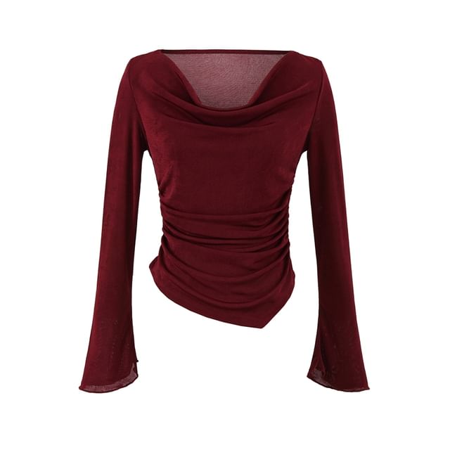 Cowl-Neck Long-Sleeved Asymmetric Ruched Plain Top