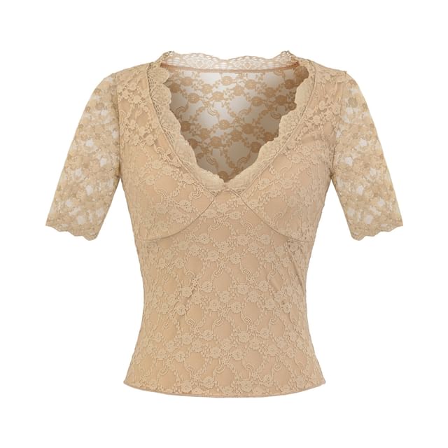 V-Neck Elbow-Sleeved Lace Overlay Blouse