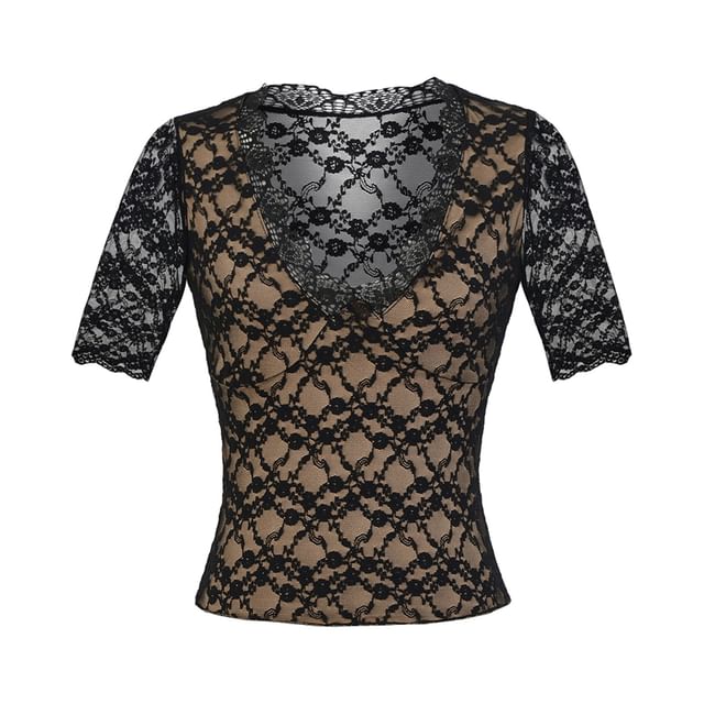 V-Neck Elbow-Sleeved Lace Overlay Blouse