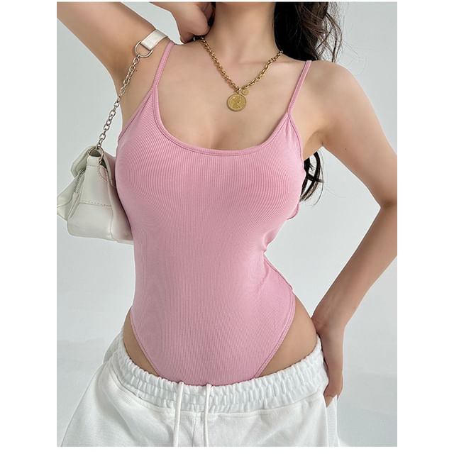 Ribbed Open-Back Scoop-Neck Spaghetti-Strap Bodysuit Top
