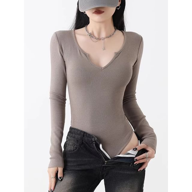Ribbed Notch-Neck Long-Sleeved Bodysuit Top