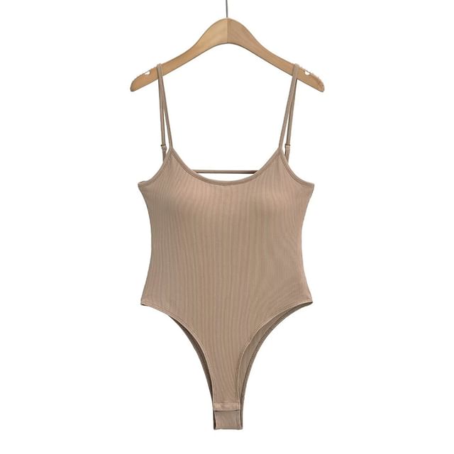 Ribbed Open-Back Scoop-Neck Spaghetti-Strap Bodysuit Top