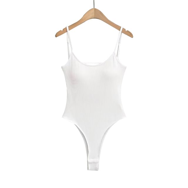 Ribbed Open-Back Scoop-Neck Spaghetti-Strap Bodysuit Top