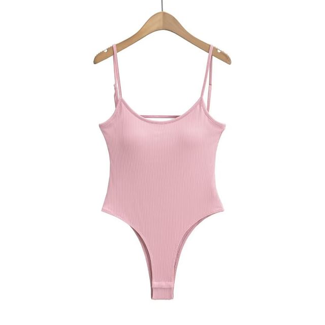 Ribbed Open-Back Scoop-Neck Spaghetti-Strap Bodysuit Top