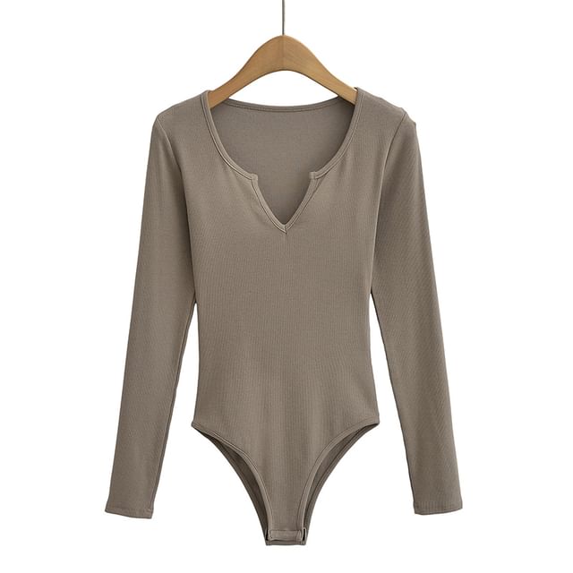 Ribbed Notch-Neck Long-Sleeved Bodysuit Top