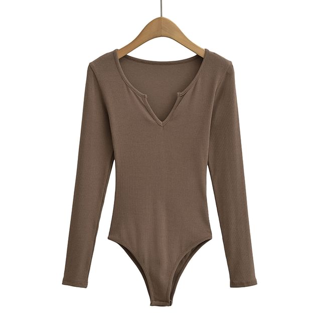Ribbed Notch-Neck Long-Sleeved Bodysuit Top