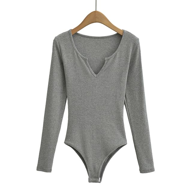 Ribbed Notch-Neck Long-Sleeved Bodysuit Top