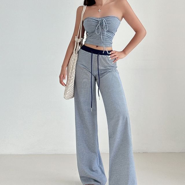 Striped Tube Top & Wide-Leg Drawstring Pants Set