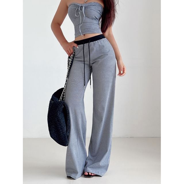 Striped Tube Top & Wide-Leg Drawstring Pants Set