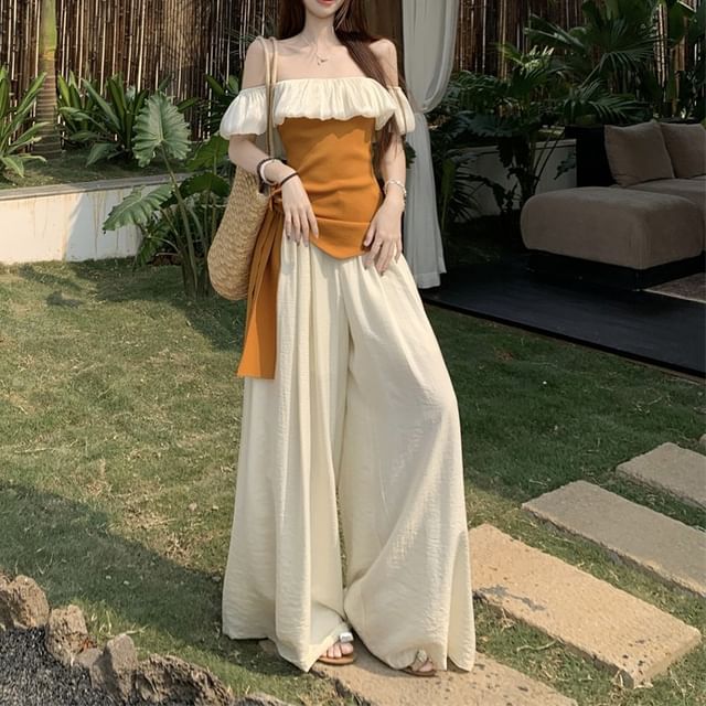 Two-Tone Off-Shoulder Asymmetric Top with High-Rise Wide-Leg Pants Set