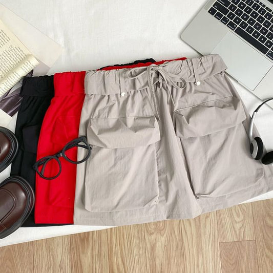 Adjustable Waist Plain A-Line Cargo Mini Skirt