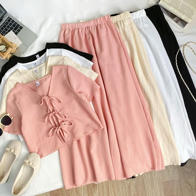 V-Neck Tie Front Crop Top and Maxi Skirt Set