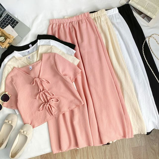 V-Neck Tie Front Crop Top and Maxi Skirt Set
