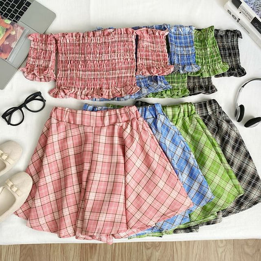 Off Shoulder Plaid Crop Top and Mini Skirt Set