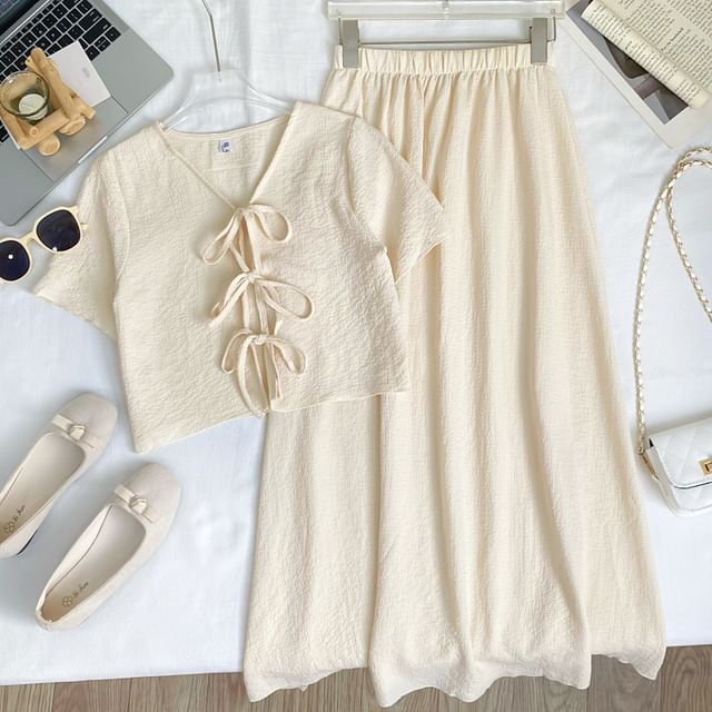 V-Neck Tie Front Crop Top and Maxi Skirt Set