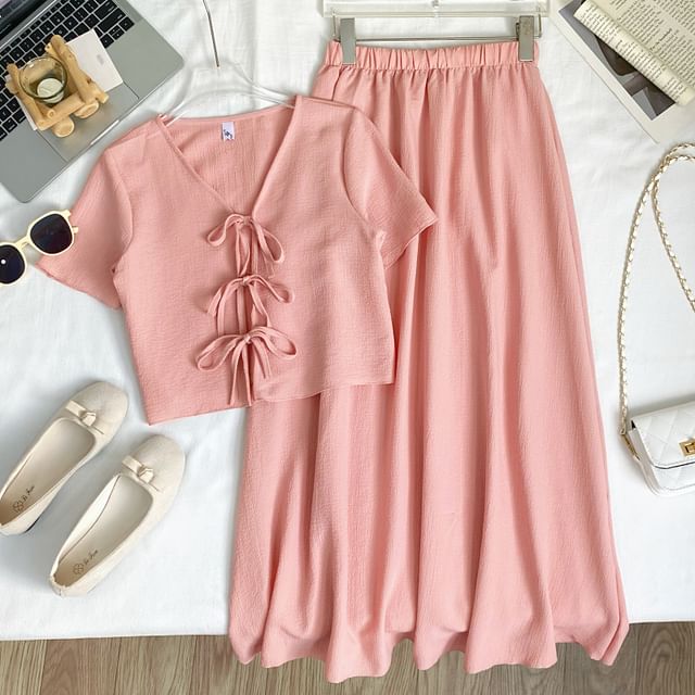 V-Neck Tie Front Crop Top and Maxi Skirt Set