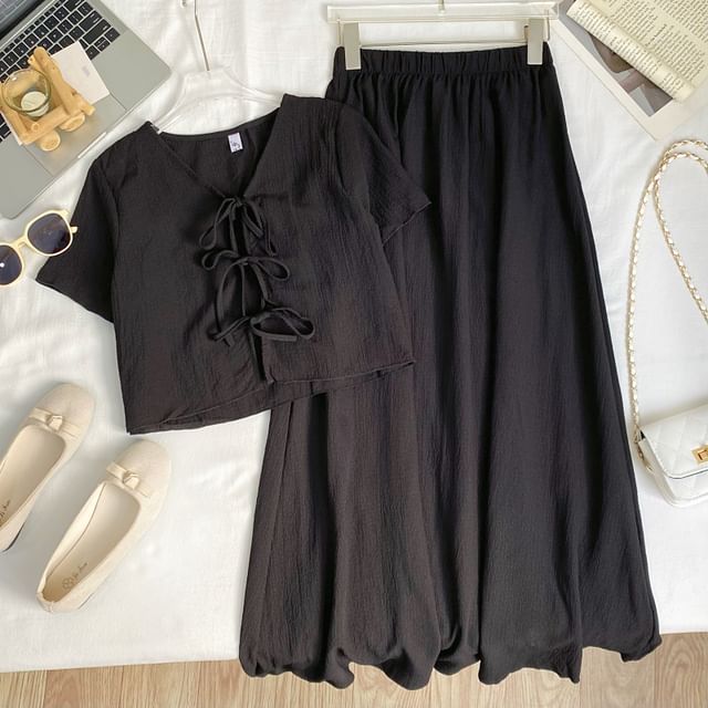 V-Neck Tie Front Crop Top and Maxi Skirt Set
