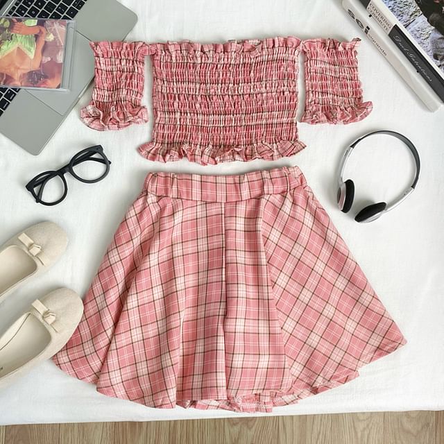 Off Shoulder Plaid Crop Top and Mini Skirt Set