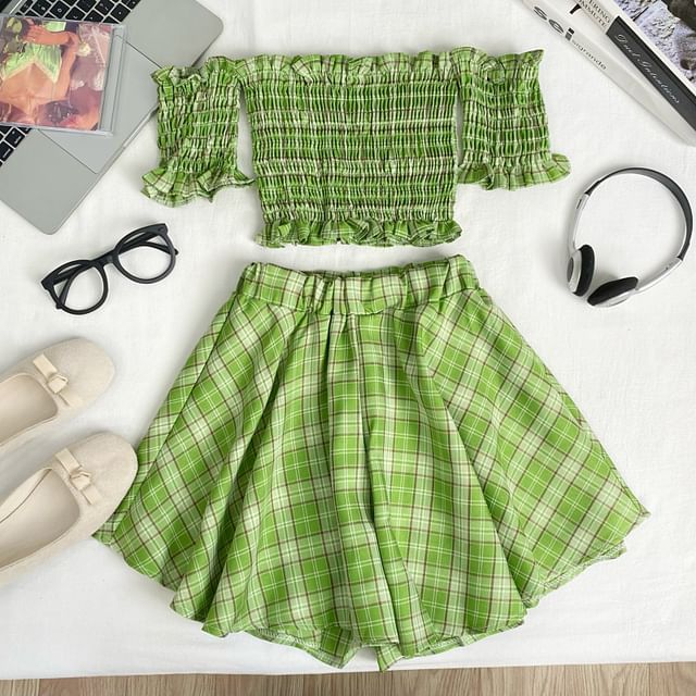 Off Shoulder Plaid Crop Top and Mini Skirt Set