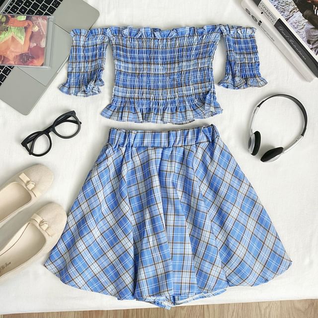 Off Shoulder Plaid Crop Top and Mini Skirt Set