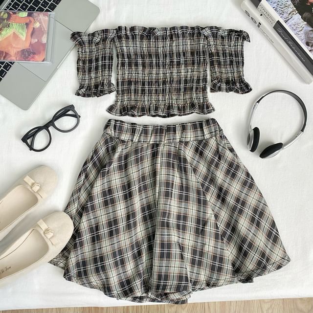 Off Shoulder Plaid Crop Top and Mini Skirt Set