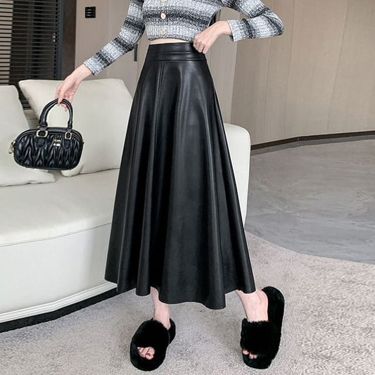 High Rise Faux Leather Midi A-Line Skirt