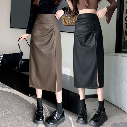 High Waist Ruched Slit Faux Leather Pencil Midi Skirt