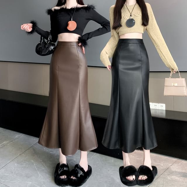 High Waist Faux Leather Fishtail Maxi Skirt