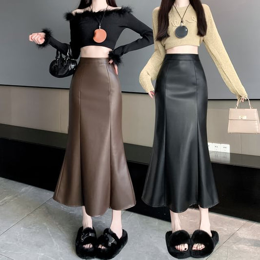 High Waist Faux Leather Fishtail Maxi Skirt