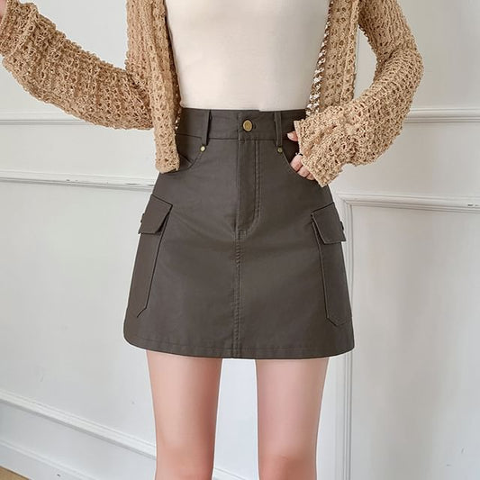 High Waist Faux Leather Cargo Mini A-Line Skirt