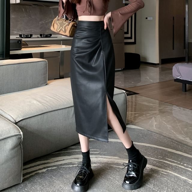 High Waist Ruched Slit Faux Leather Pencil Midi Skirt