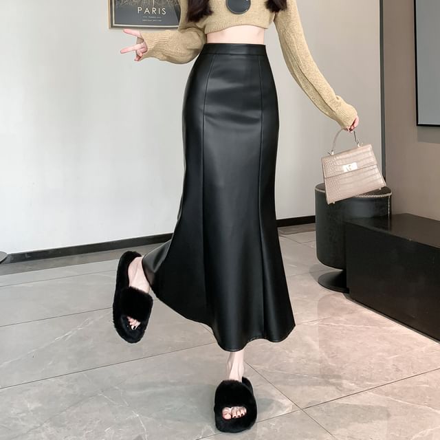High Waist Faux Leather Fishtail Maxi Skirt