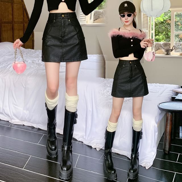 High Waist Faux Leather Cargo Mini A-Line Skirt