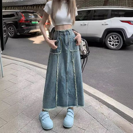 Denim Maxi A-Line Skirt High Waist