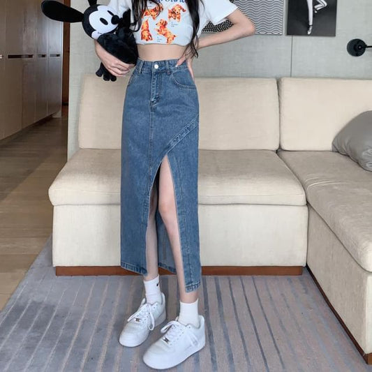 High Rise Slit Hem Denim Midi Skirt