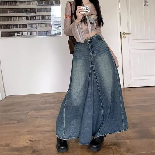 Mid Rise Denim Maxi A-Line Skirt