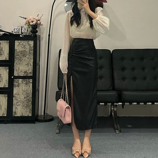 Slit Hem Midi Skirt High Rise Plain