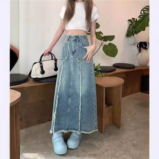 Denim Maxi A-Line Skirt High Waist