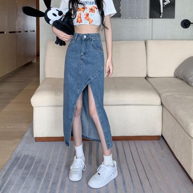High Rise Slit Hem Denim Midi Skirt