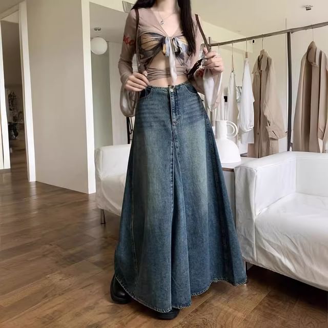 Mid Rise Denim Maxi A-Line Skirt