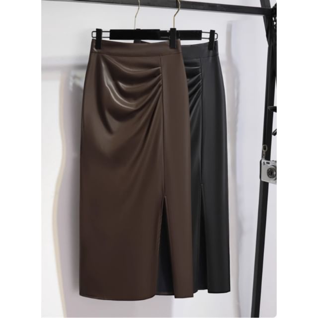 Slit Hem Midi Skirt High Rise Plain